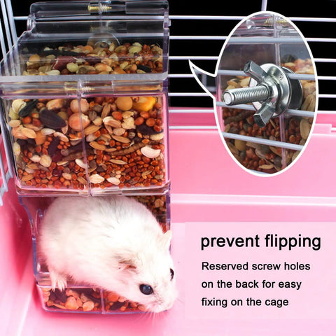 Top Rated Two Piece Automatic Hamster Feeder With Sturdy Wall Mount Brackets And Wide Mouth Design Fits Standard Avian Cages Effortlessly; clear feeder bowl with seeds and hamster.