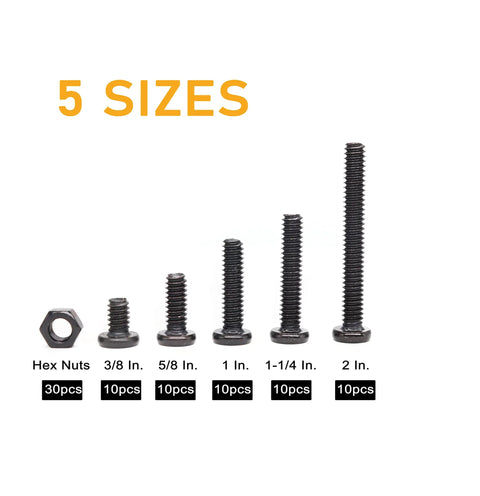 "Grab This Handy Black 1/4-20 Hex Socket Cap Screw And Nut Kit For Furniture Repairs, Includes 50 Screws, 30 Nuts, Allen Key, Great For Beds Tables Chairs Cribs, With 3/8, 5/8, 1, 1-1/4, 2 Inch Lengths" showing screws and nuts in 5 sizes.