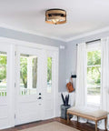 Two Light Modern Farmhouse Flush Mount Ceiling Light With Metal And Wood Round Drum Rustic Ceiling Fixture in entryway