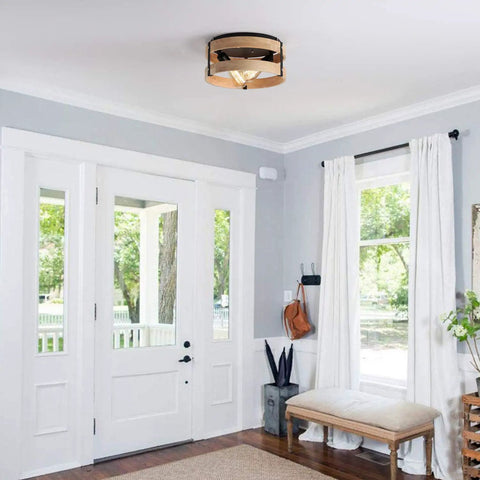 Two Light Modern Farmhouse Flush Mount Ceiling Light With Metal And Wood Round Drum Rustic Ceiling Fixture in entryway