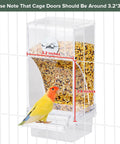 No Drama Spill Proof Bird Water Dispenser And Easy Fill Feeder Tray For Parrot Cages showing dimensions, clear design, and colorful bird.