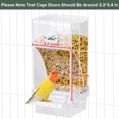 No Drama Spill Proof Bird Water Dispenser And Easy Fill Feeder Tray For Parrot Cages showing dimensions, clear design, and colorful bird.