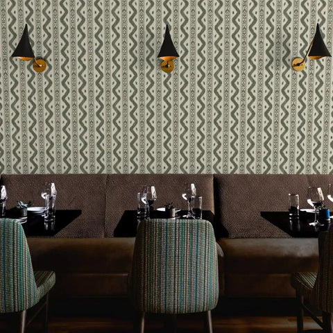 Killer Stripe Pattern Textured Leather Vinyl Wallpaper Rock Solid Commercial Grade Wallcovering For Offices Hotels And Restaurants Paste Required Pro Install in a restaurant setting.