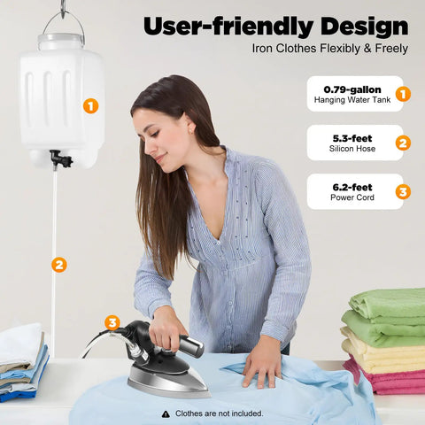 User-friendly design of Heavy Duty Commercial Gravity Steam Iron With Titanium Coated Stainless Steel Soleplate, water tank, and silicon hose.