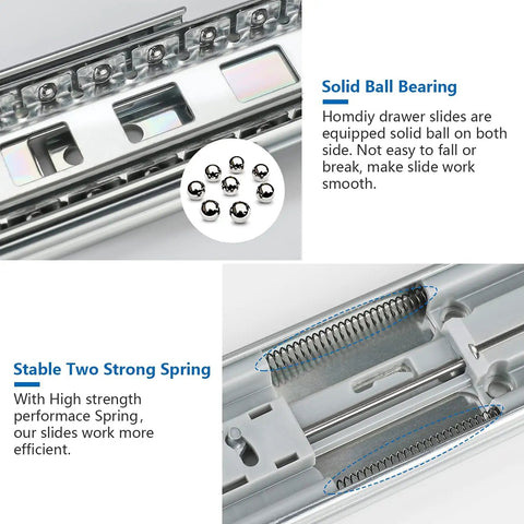 Close-up of Heavy Duty 18 Inch Soft Close Drawer Sliders with solid ball bearing and spring mechanism, 100 lb capacity per pair