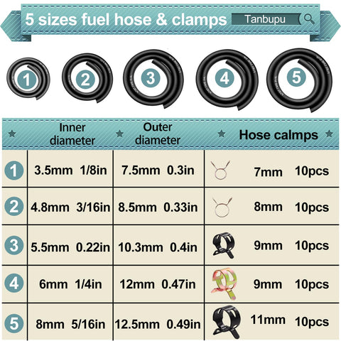 5 sizes of fuel hoses with clamps from 3.3 Ft Fuel Line Kit With 5 Sizes And 50 Clamps Inner Diameters 1/8, 3/16, 0.22, 1/4, 5/16 In