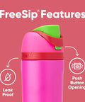 Pink Kid Sized Insulated Stainless Steel Water Bottle With FreeSip Spout, 16 Oz, BPA Free, Leakproof Push Button Lid With Lock, Built In Straw