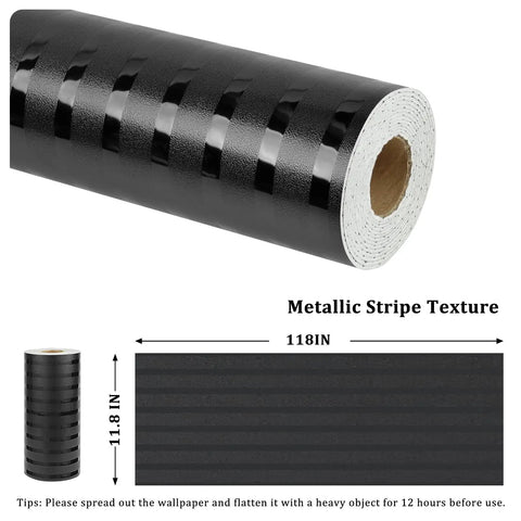 Hella Sleek Black Metallic Stripe Wall Panels With Self Adhesive Backing and Sound Absorbing Foam, 118in roll showing texture.