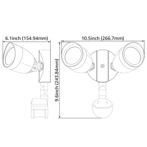 Motion Sensor LED Flood Light With Dual Adjustable Heads For Outdoor Security dimensions drawing