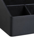 Straight Up Sturdy PU Leather Desk Organizer With Five Compartments Sleek Black Design close-up of durable texture and stitching details.