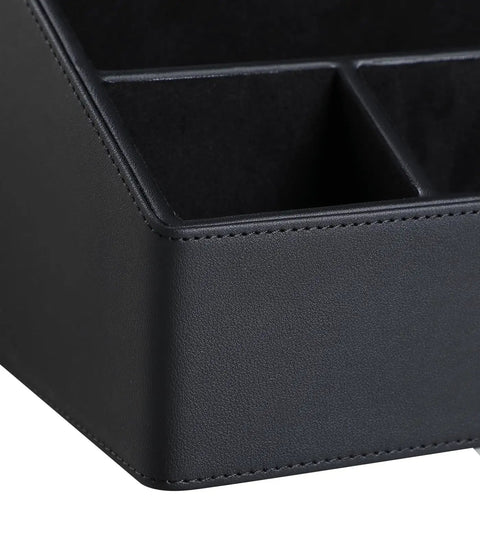 Straight Up Sturdy PU Leather Desk Organizer With Five Compartments Sleek Black Design close-up of durable texture and stitching details.