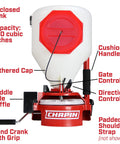 Chest Mounted Grass Seed And Fertilizer Spreader With Easy Fill Hopper 35 Pound Capacity Adjustable Gate Trigger Side Baffle