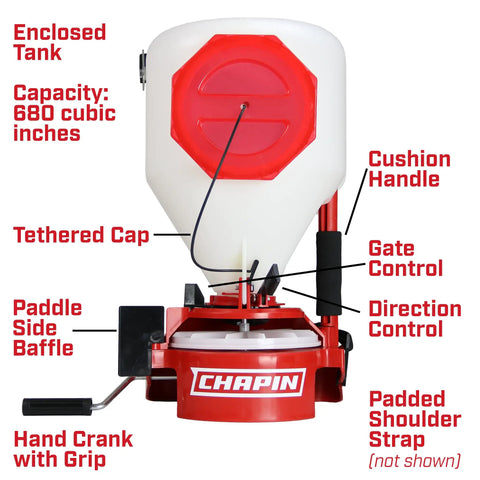 Chest Mounted Grass Seed And Fertilizer Spreader With Easy Fill Hopper 35 Pound Capacity Adjustable Gate Trigger Side Baffle