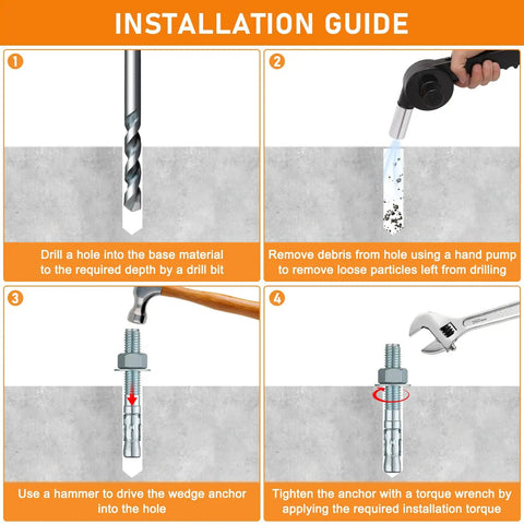 Installation guide for 10 Pack Tough As Nails 1/2 X 3 3/4 Inch Zinc Plated Carbon Steel Wedge Anchors for concrete.