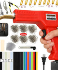 Powerful 220W Plastic Welder Kit For Car Bumper Repair showing welding gun, 1000 staples, rods, and accessories for quick DIY repairs