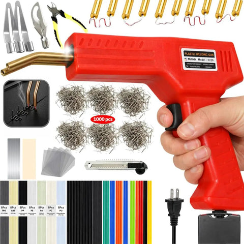 Powerful 220W Plastic Welder Kit For Car Bumper Repair showing welding gun, 1000 staples, rods, and accessories for quick DIY repairs