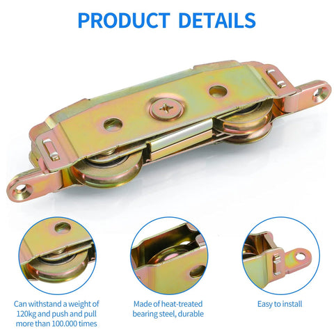 Heavy-Duty Sliding Door Rollers Set With 1-1/4 Inch Steel Ball Bearing Wheels, showcasing adjustable sides and durable construction.