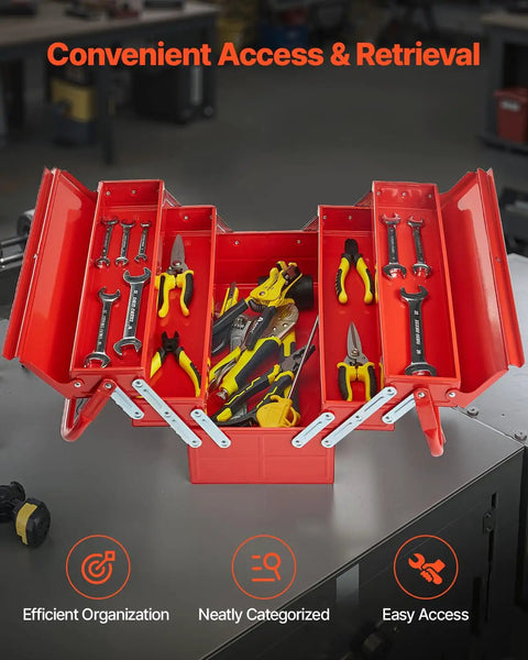 Solid 18 Inch Metal Tool Box With 3 Tier 5 Tray Layout, Fold Down Tool Chest For Garage Grinds And Truck Beds, Tough Powder Coated Steel For Sweet Organizing Vibes