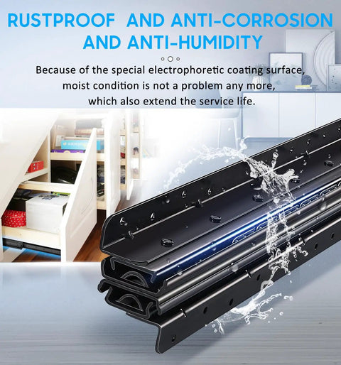 Undermount Beefy Heavy Duty Drawer Slides Set showing rustproof and anti-corrosion features in kitchen environment