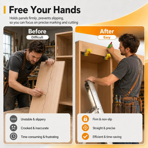 Before and after demonstration of Nail It Scribe Jig Tool Kit With Three Precision Profile Guides And One Adjustable Pencil Scribe Block.