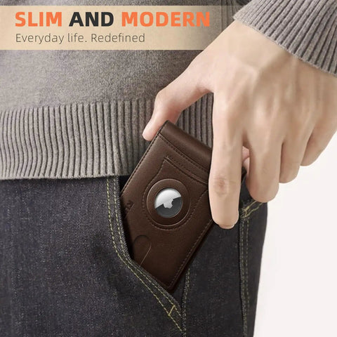 Person placing AirTag Compatible Slim RFID Blocking Leather Wallet For Men into front pocket, showing slim profile design.