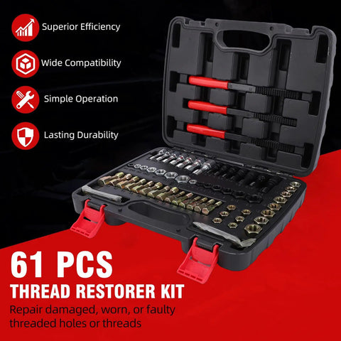 The Ultimate 61-Piece Thread Repair Kit With UNC UNF And Metric Sizes Plus Color Coded Silver Black Gold Tools For Heavy Duty Precision Fixes On Any Broken Bolt Or Screw, open case