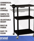 Mobile AV Cart With Power Strip And Casters, black rolling media cart with adjustable shelves and built-in power strip.