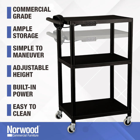 Mobile AV Cart With Power Strip And Casters, black rolling media cart with adjustable shelves and built-in power strip.