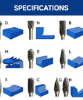 Carbide burrs set, 10 pieces, 1/8 in shanks, double-cut, with blue storage case.