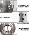 Front view of a 1.5-inch stainless steel sanitary butterfly valve with tri-clamp fittings and gasket seal