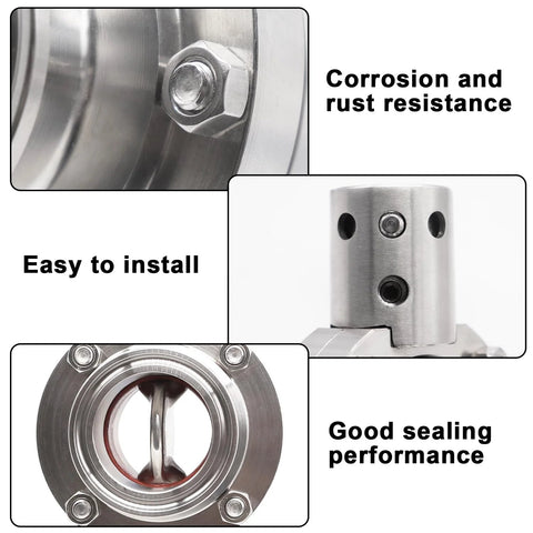 Front view of a 1.5-inch stainless steel sanitary butterfly valve with tri-clamp fittings and gasket seal