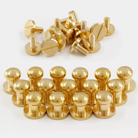 Slick Gold Brass Chicago Screws Combined With Round Head Button Studs For Rock Solid Hardware Fittings And Handymen DIY Fixes In A Sweet Fifteen Pack display.