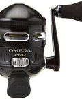 Front view of Omega Pro 3SZ Spincast Reel With 10 Pound Line, Size 30, Black with aluminum covers and dual paddle handle