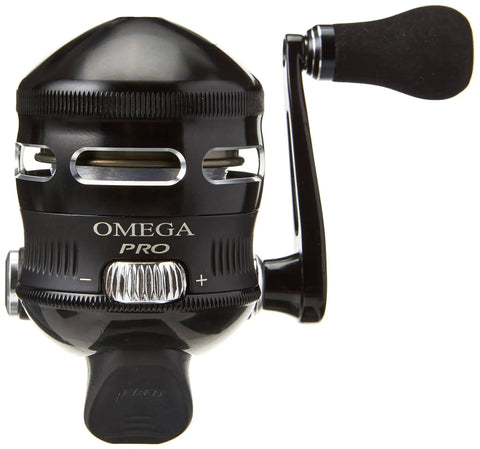 Front view of Omega Pro 3SZ Spincast Reel With 10 Pound Line, Size 30, Black with aluminum covers and dual paddle handle