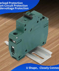 DC 1 Pole Miniature Circuit Breaker For Solar Panel 250V 20A With Instant Trip DIN Rail Mount, green breaker on wood surface.