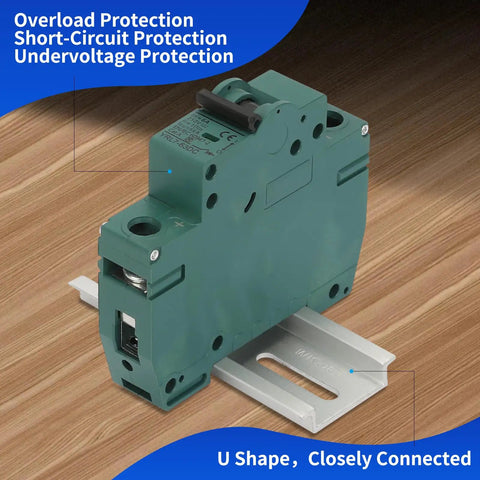 DC 1 Pole Miniature Circuit Breaker For Solar Panel 250V 20A With Instant Trip DIN Rail Mount, green breaker on wood surface.