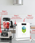 120V To 100V Voltage Converter 1600W Step Down Toroidal For Japan Appliances Used In The US Plug And Play Travel Ready Surge Protected Power Adapter CE And CQC Certified next to a blender in a kitchen setting.