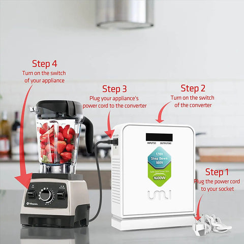 120V To 100V Voltage Converter 1600W Step Down Toroidal For Japan Appliances Used In The US Plug And Play Travel Ready Surge Protected Power Adapter CE And CQC Certified next to a blender in a kitchen setting.