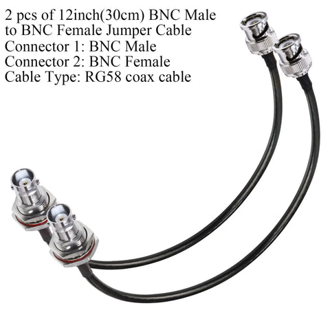 RG58 BNC Jumper Cable 50 Ohm Low Loss Coax Cable Male To Female Bulkhead 12 Inch 30 Cm 2 Pack with connectors shown