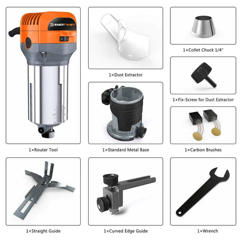 Compact Router Tool With 7.0 Amp Motor Soft Start And Variable Speed From 10,000 To 32,000 RPM For Woodworking Includes Fixed Base 1/4 And 3/8 Collets Edge Guide Roller Guide Dust Hood And Replacement Brush Set
