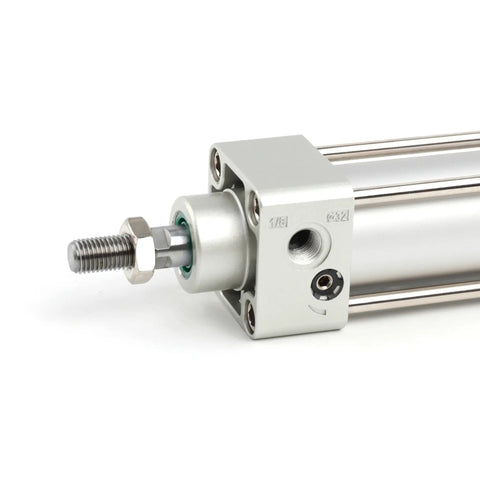 Close-up view of Pneumatic Standard Air Cylinder 32 mm Bore 200 mm Stroke Double Acting NPT 1/8 Port Aluminum Alloy Body for automation