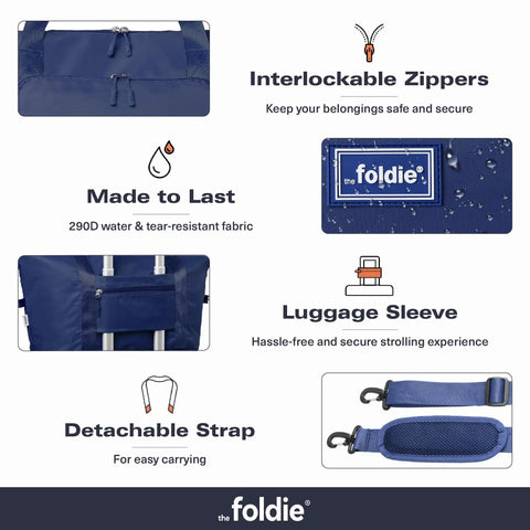 Features of Foldable Travel Tote Bag For Women, 40L Weekender Duffel With Multiple Pockets And Luggage Sleeve, Navy Blue.