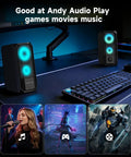 Desktop Computer Speakers Hi Res Stereo Pair with Dual 5W Full Range Drivers USB Powered and 3.5mm AUX Input showing RGB lights