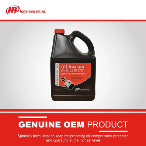 Ingersoll Rand All Season SELECT synthetic lubricant, 5L bottle; black plastic container with red label and red cap.