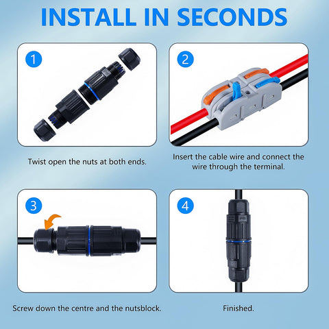 Instruction steps for installing IP68 Waterproof Electrical Cable Connectors Kit For Outdoors, 3 Way Junction Box With Replaceable Lever Terminals