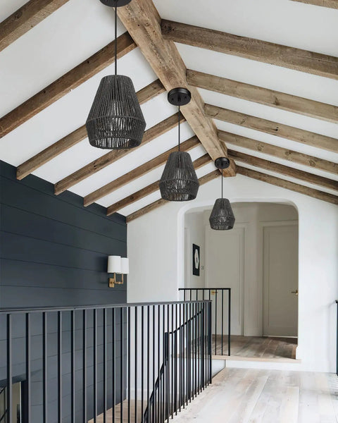 Modern Woven Pendant Light Fixtures Set Of 3 7 Inch Matte Black Dope Boho Farmhouse Coastal Hanging Lamps With Handwoven Rattan