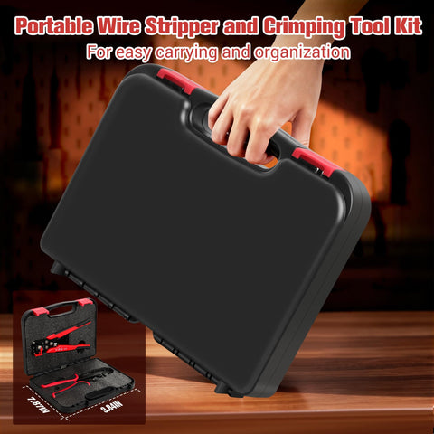 Person holding a carrying case for 3 In 1 Self-Adjusting Wire Stripper And Crimping Tool Kit For 10-24 AWG With Heat Shrink Connectors