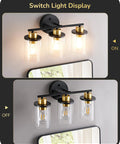 Chic Brushed Nickel 3 Light Vanity Light Over Mirror With Clear Glass Shades showing on and off lighting modes.