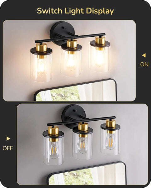 Chic Brushed Nickel 3 Light Vanity Light Over Mirror With Clear Glass Shades showing on and off lighting modes.