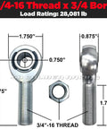 3/4-16 thread x 3/4 bore heavy duty chromoly heim joint kit for UTVs suspension with load rating of 28,081 lb